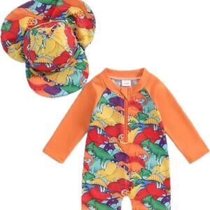 New toddler dinosaur rash guard suit and hat 3-6 months